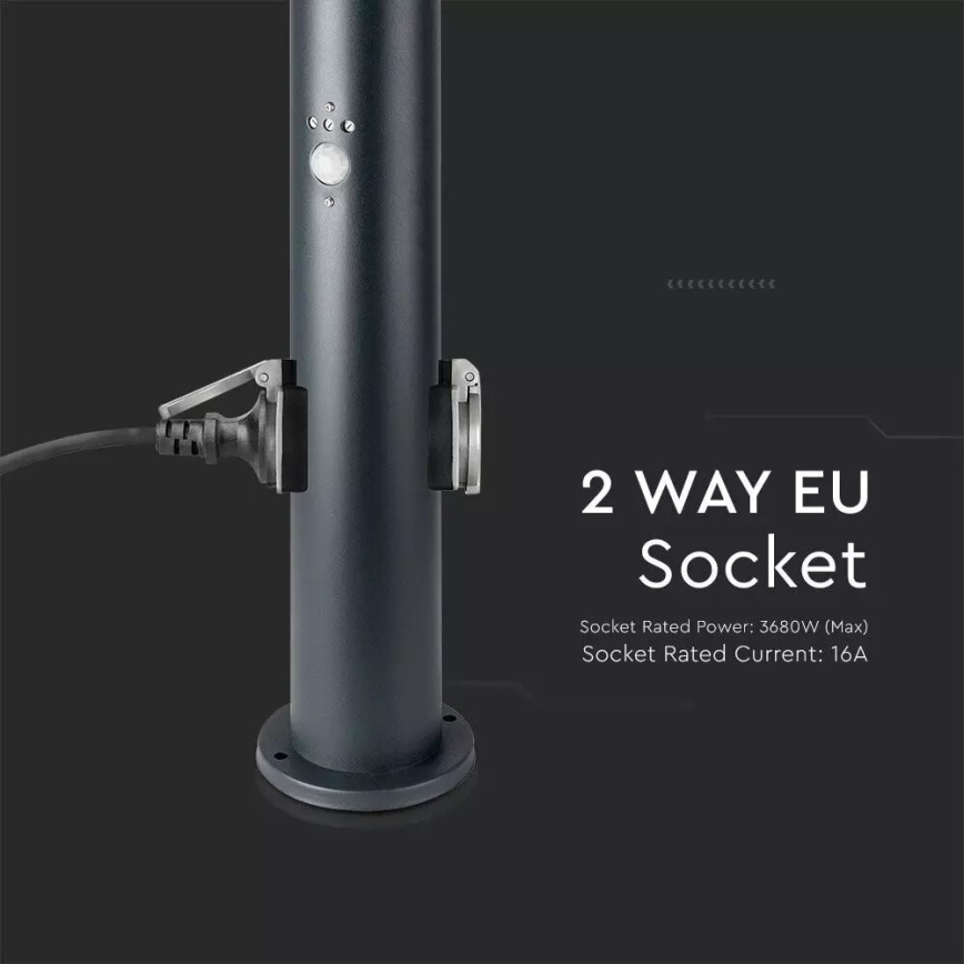 Lampa zewnętrzna z czujnikiem i 2 gniazdami SCHUKO 1xE27/60W/230V IP44 60cm antracyt