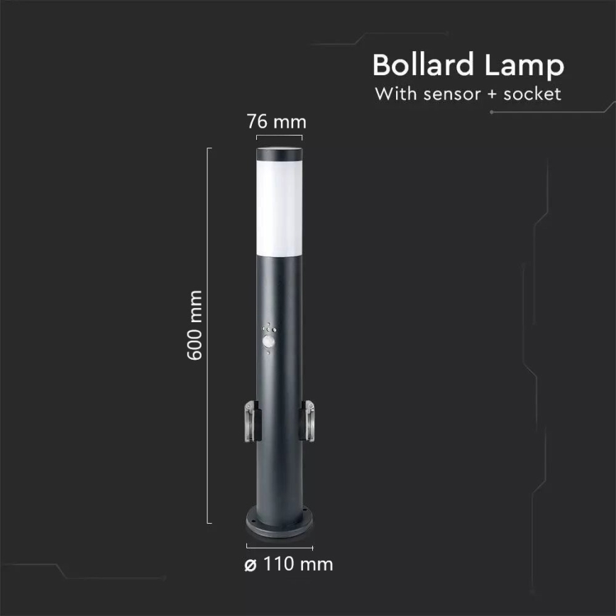 Lampa zewnętrzna z czujnikiem i 2 gniazdami SCHUKO 1xE27/60W/230V IP44 60cm antracyt