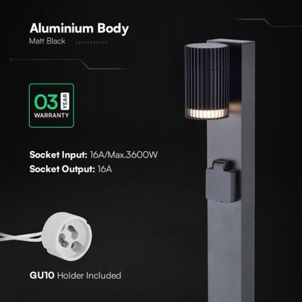 Lampa zewnętrzna z gniazdem SCHUKO, 1x GU10/10W/230V, IP44, 80 cm, czarna