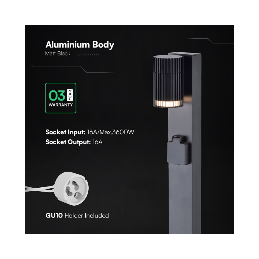 Lampa zewnętrzna z gniazdem SCHUKO, 1x GU10/10W/230V, IP44, 80 cm, czarna