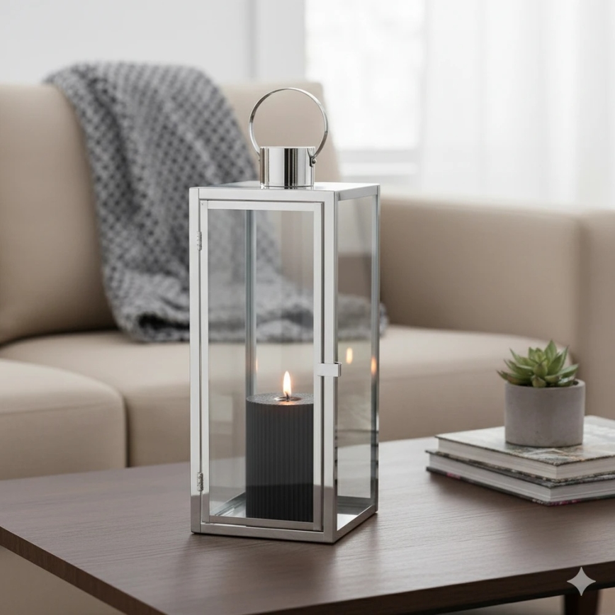 Lampion dekoracyjny TOWER 29 cm, chrom błyszczący