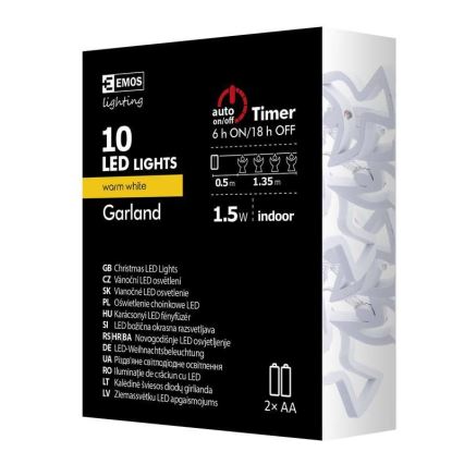 Lampki łańcuchowe LED CHAIN 10xLED/2xAA 1,85m ciepłe białe światło