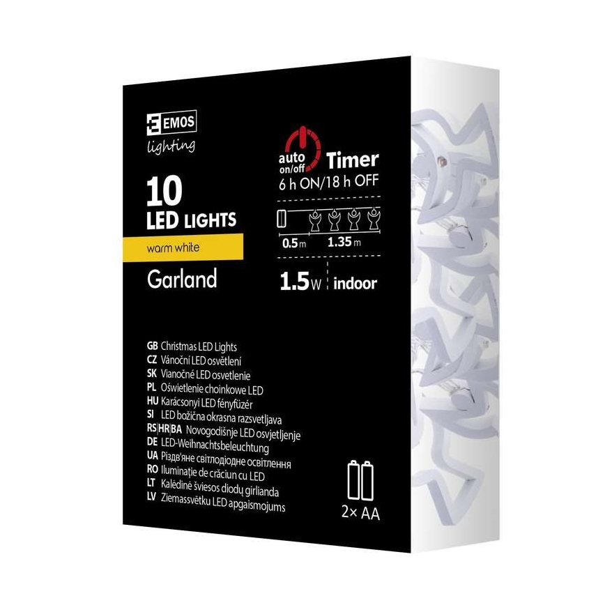 Lampki łańcuchowe LED CHAIN 10xLED/2xAA 1,85m ciepłe białe światło