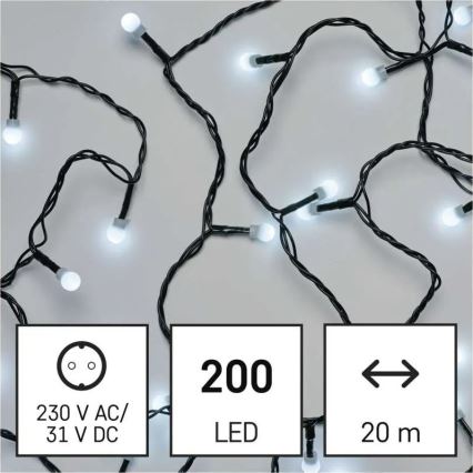 Lampki świąteczne LED, 200 diod, 8 funkcji, 20 m, IP44, zimna biel