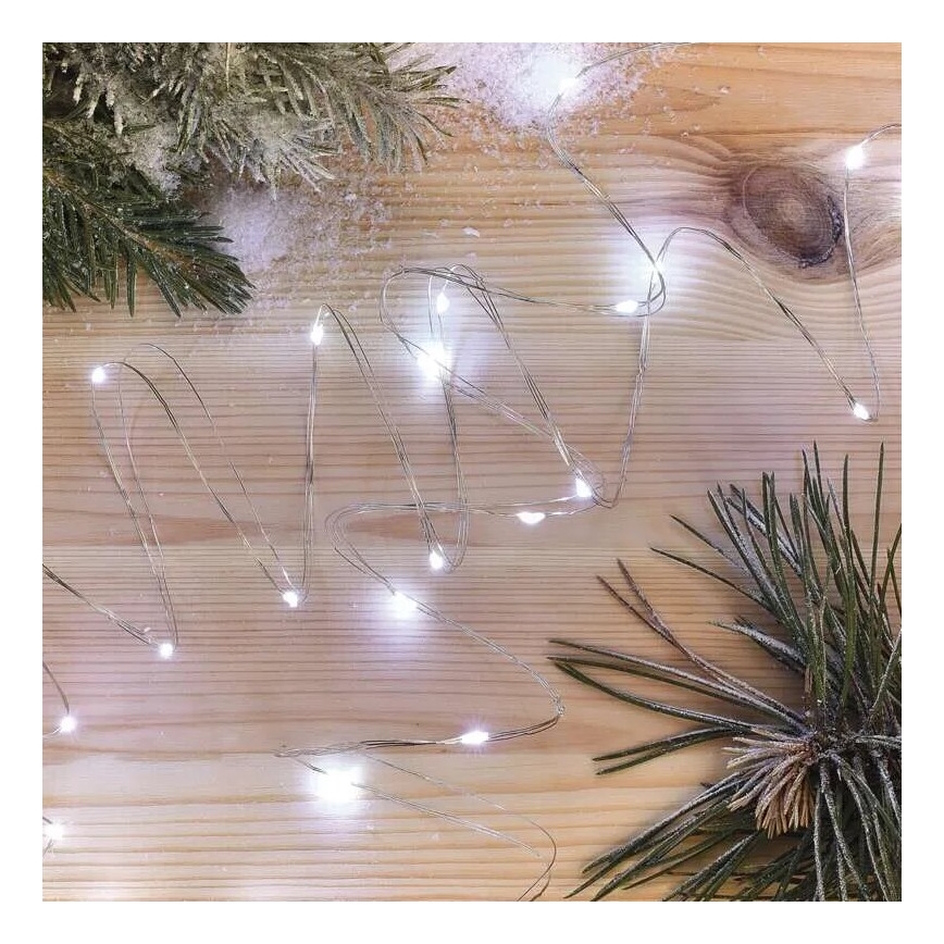 Łańcuch LED 20 diod / 2×AA, 2,4 m, zimna biel