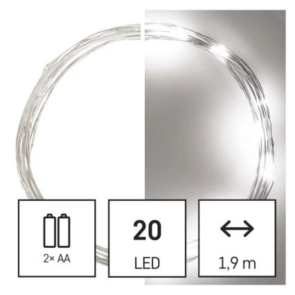 Łańcuch LED 20 diod / 2×AA, 2,4 m, zimna biel