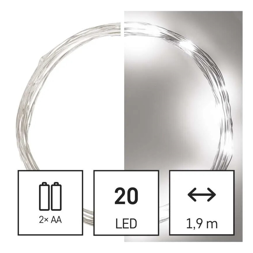 Łańcuch LED 20 diod / 2×AA, 2,4 m, zimna biel