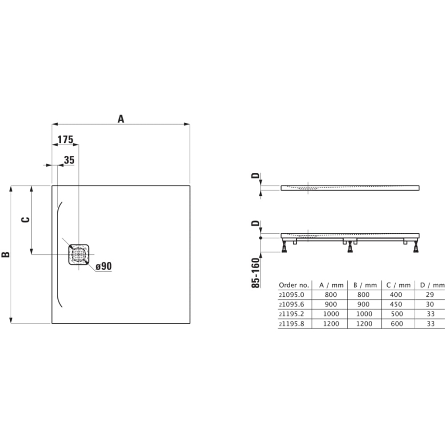 LAUFEN H2109560000001 - Kwadratowy brodzik prysznicowy PRO 90x90 cm marbond/biały
