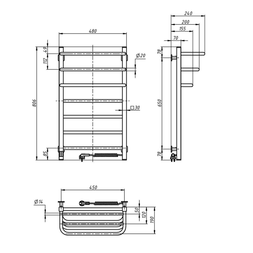 Elektryczny łazienkowy kaloryfer z termostatem FORTIS 350W/230V 80,6 cm IP44 czarny prawy kanciasty