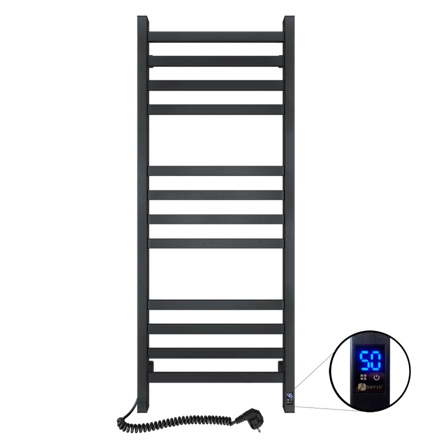 Łazienkowy grzejnik drabinkowy AVANGARD z termostatem, 227W, 120x48cm, czarny, lewy