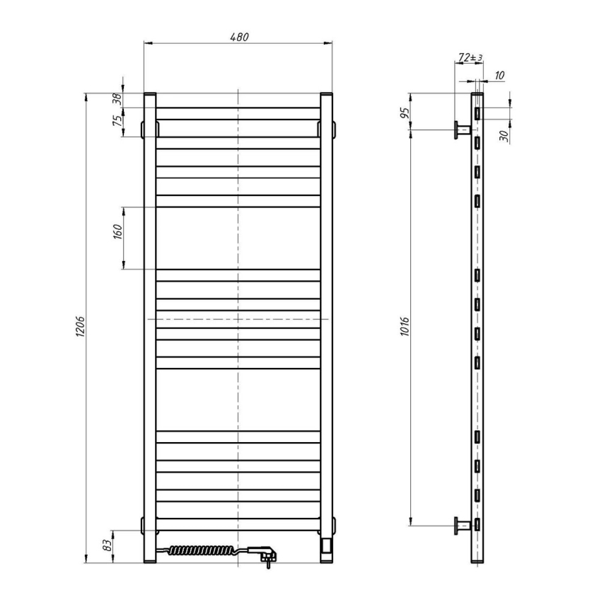 Łazienkowy grzejnik drabinkowy AVANGARD z termostatem, 227W, 120x48cm, czarny, lewy