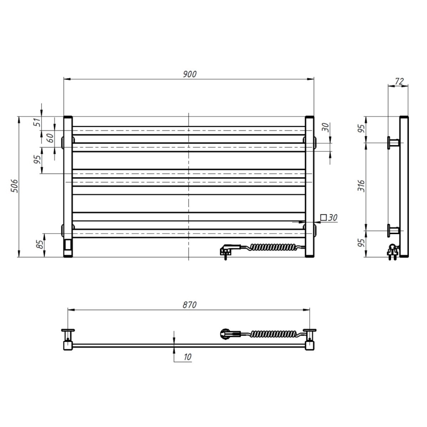 Łazienkowy grzejnik drabinkowy z termostatem AVANGARD 316W/230V 50,6 cm IP44 czarny prawy kwadratowy