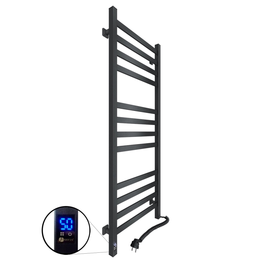 Łazienkowy grzejnik drabinkowy z termostatem AVANGARD 459 W/230 V 120,6 cm IP44 czarny prawy kwadratowy