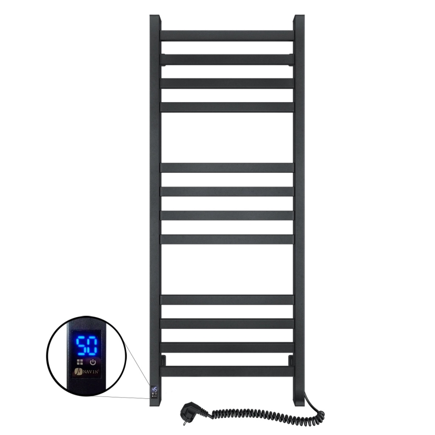Łazienkowy grzejnik drabinkowy z termostatem AVANGARD 459 W/230 V 120,6 cm IP44 czarny prawy kwadratowy