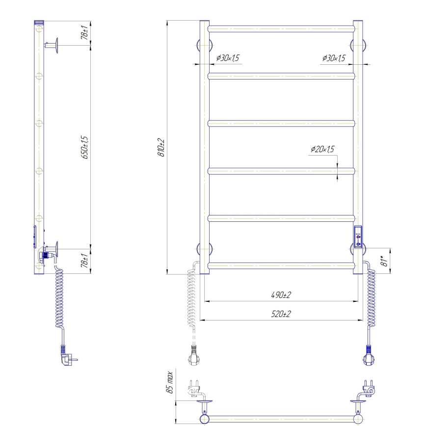 Łazienkowy grzejnik drabinkowy CLASSIC 110W/230V 81x52 cm stal nierdzewna/antracyt prawy