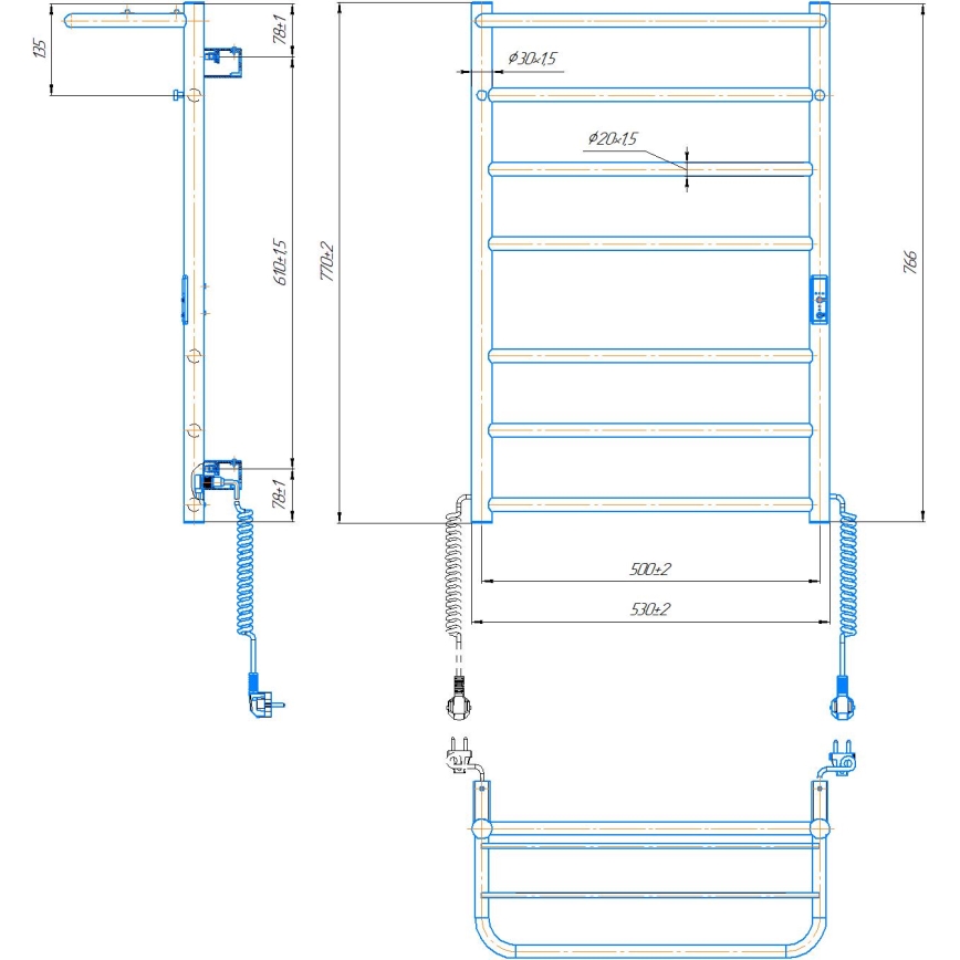 Łazienkowy grzejnik drabinkowy HOME 95W/230V 77x53 cm stal nierdzewna/chrom prawy