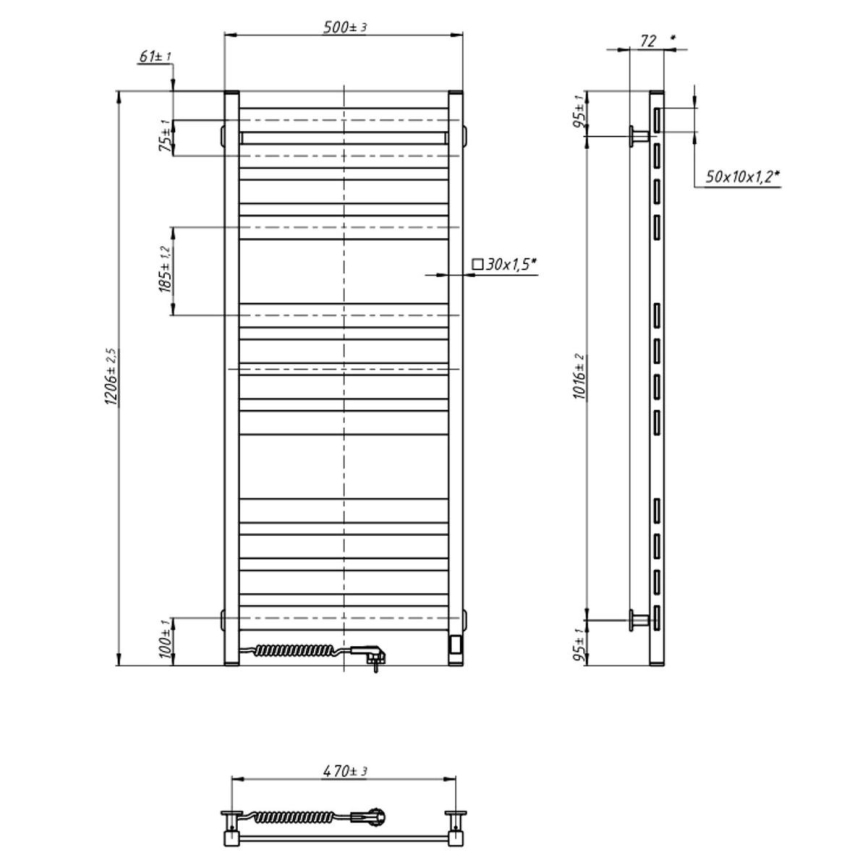 Łazienkowy grzejnik drabinkowy z termostatem LARGO 541W/230V 120,6 cm IP44 czarny lewy kwadratowy
