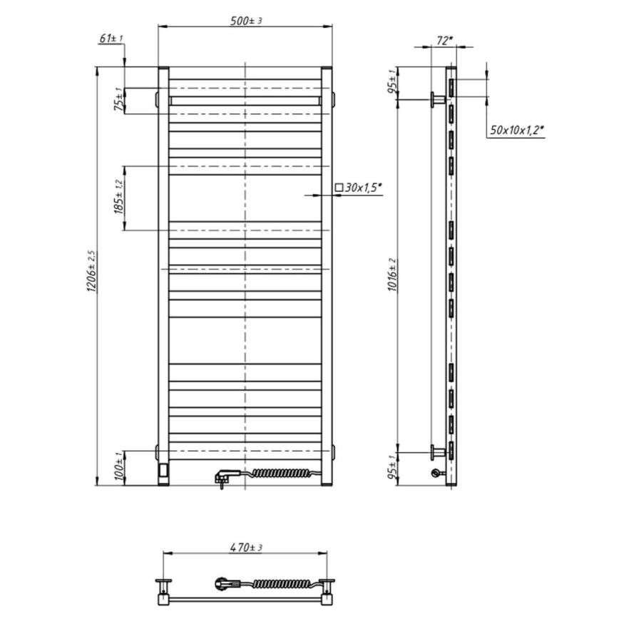 Łazienkowy grzejnik drabinkowy z termostatem LARGO 541W/230V 120,6 cm IP44 czarny prawostronny kwadratowy