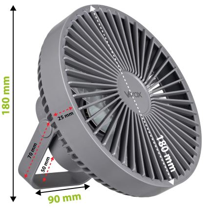 LED akumulatorowy stołowy wentylator z oświetleniem LED LED/2W/5V USB 2400 mAh szary