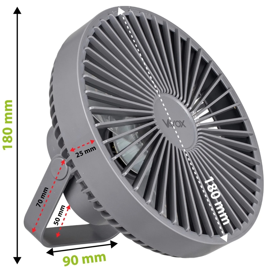 LED akumulatorowy stołowy wentylator z oświetleniem LED LED/2W/5V USB 2400 mAh szary