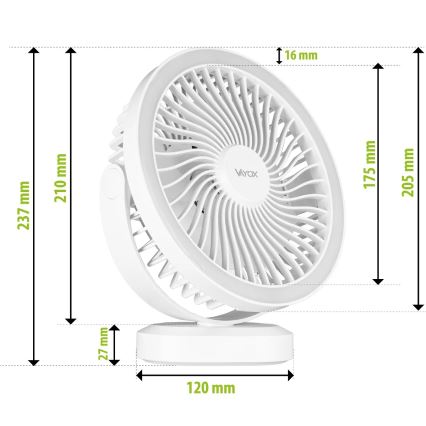 LED akumulatorowy stołowy wentylator z oświetleniem LED LED/3W/5V USB 2400 mAh biały