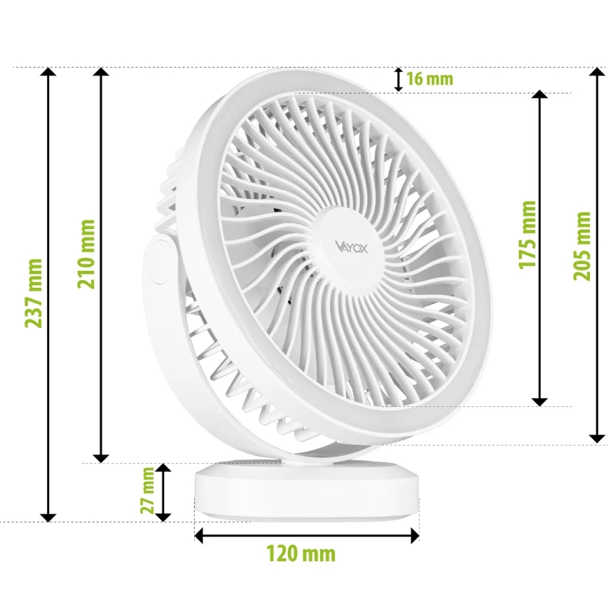LED akumulatorowy stołowy wentylator z oświetleniem LED LED/3W/5V USB 2400 mAh biały