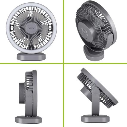 LED Ładowalny wentylator biurkowy z oświetleniem LED LED/3W/5V USB 2400 mAh szary