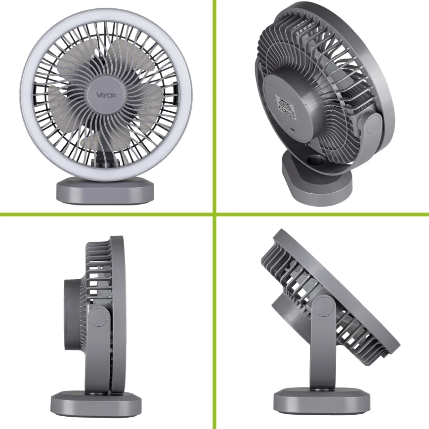 LED Ładowalny wentylator biurkowy z oświetleniem LED LED/3W/5V USB 2400 mAh szary