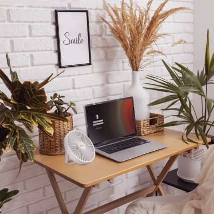 LED Biurkowy wentylator ładowany z oświetleniem LED LED/2W/5V USB 2400 mAh biały