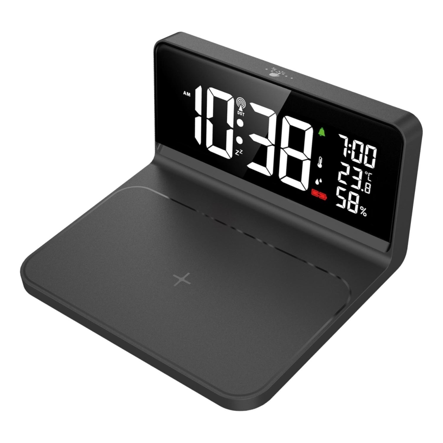 LED Budzik z wyświetlaczem LCD i bezprzewodowym ładowaniem Qi LED/10W/230V