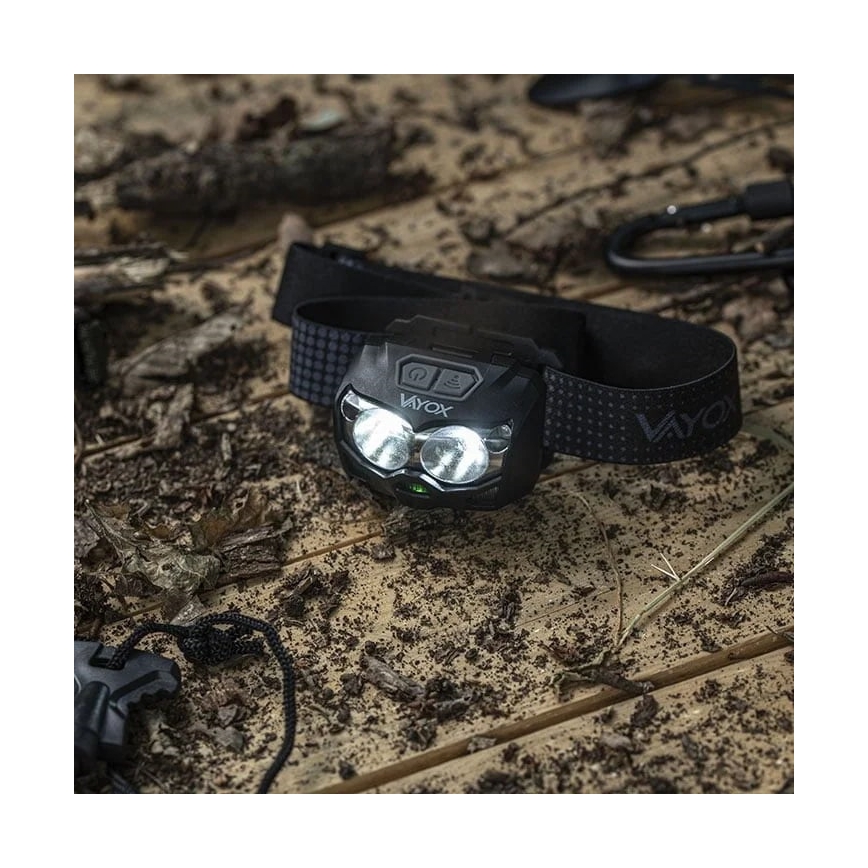LED Ściemnialna akumulatorowa czołówka z czujnikiem i czerwone światło 2xLED/5W/5V/3xAAA IP65 500 błyszcz. 1200 mAh