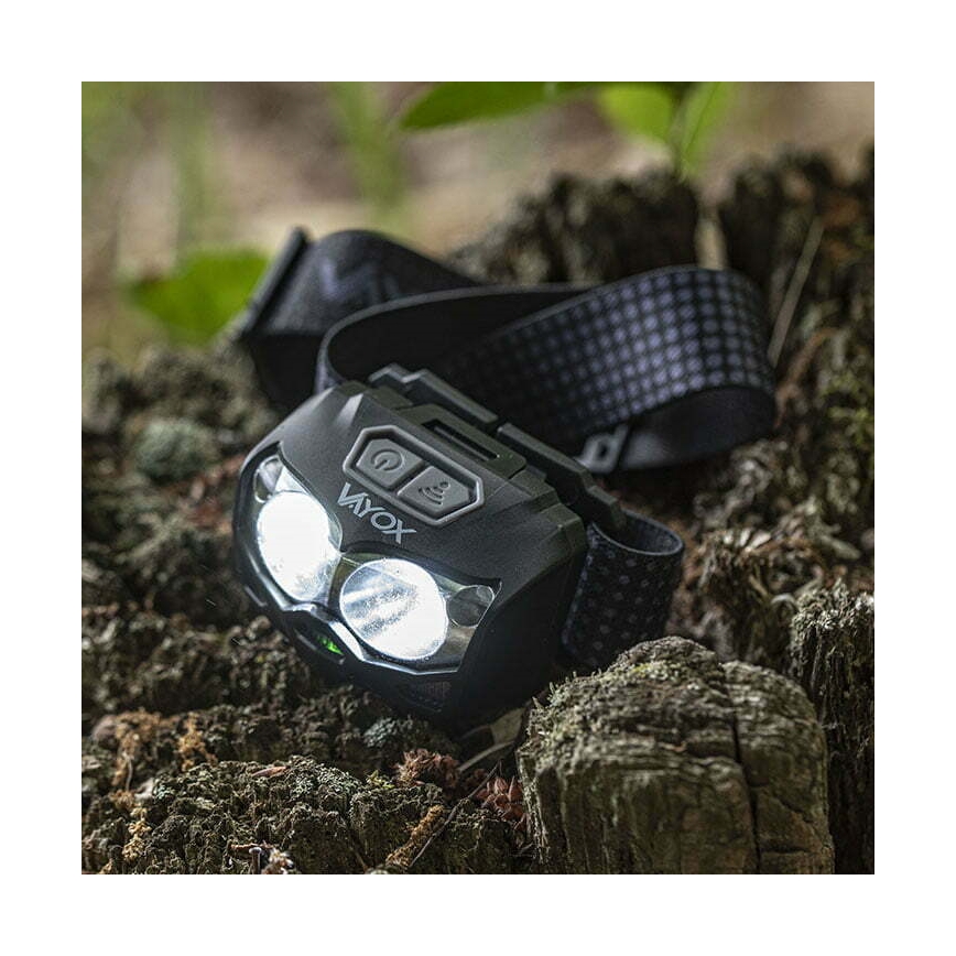 LED Ściemnialna akumulatorowa czołówka z czujnikiem i czerwone światło 2xLED/5W/5V/3xAAA IP65 500 błyszcz. 1200 mAh