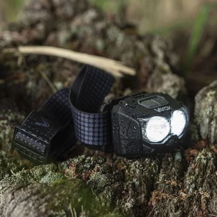 LED Ściemnialna akumulatorowa czołówka z czujnikiem i czerwone światło 2xLED/5W/5V/3xAAA IP65 500 błyszcz. 1200 mAh