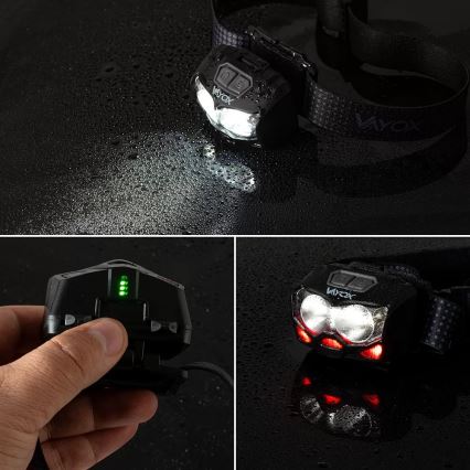 LED Ściemnialna akumulatorowa czołówka z czujnikiem i czerwone światło 2xLED/5W/5V/3xAAA IP65 500 błyszcz. 1200 mAh