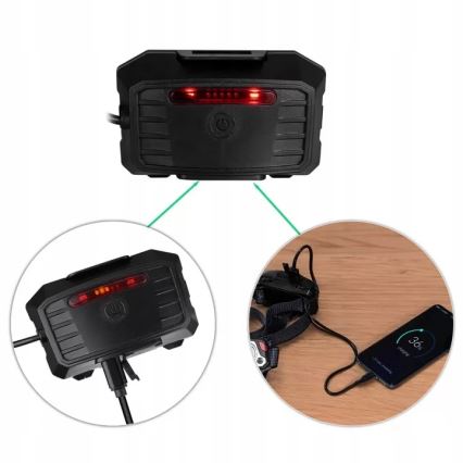 LED Ściemnialna akumulatorowa czołówka z czujnikiem z funkcją power banku i czerwone światło LED/10W/5V IP44 1200 błyszcz. 4000 mAh