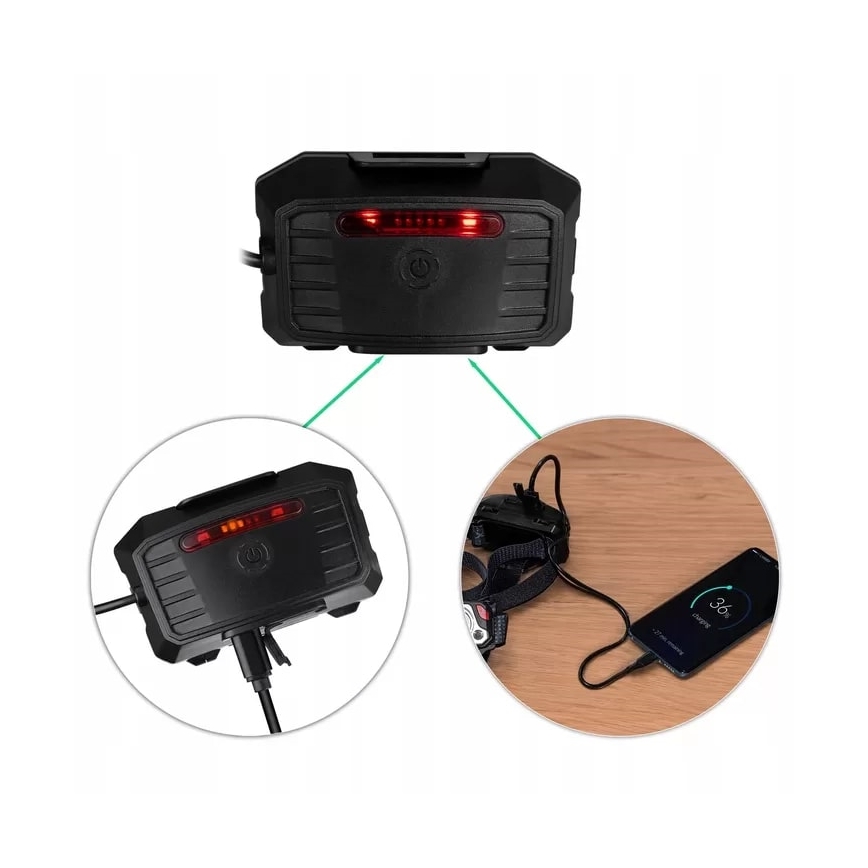 LED Ściemnialna akumulatorowa czołówka z czujnikiem z funkcją power banku i czerwone światło LED/10W/5V IP44 1200 błyszcz. 4000 mAh