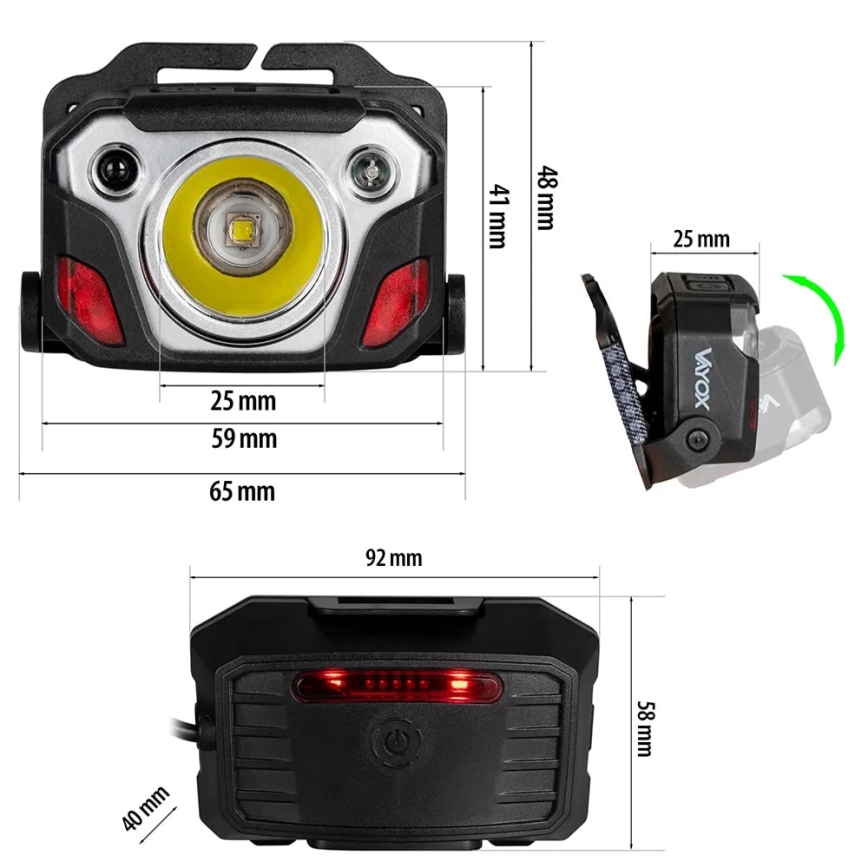 LED Ściemnialna akumulatorowa czołówka z czujnikiem z funkcją power banku i czerwone światło LED/10W/5V IP44 1200 błyszcz. 4000 mAh