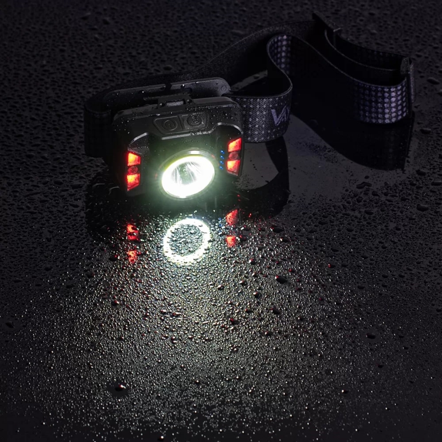 LED Ściemnialna akumulatorowa czołówka z czujnikiem i czerwone światło LED/15W/5V IP66 430 błyszcz. 1800 mAh