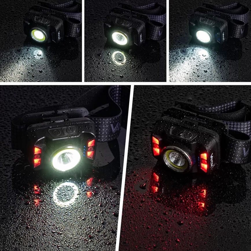 LED Ściemnialna akumulatorowa czołówka z czujnikiem i czerwone światło LED/15W/5V IP66 430 błyszcz. 1800 mAh