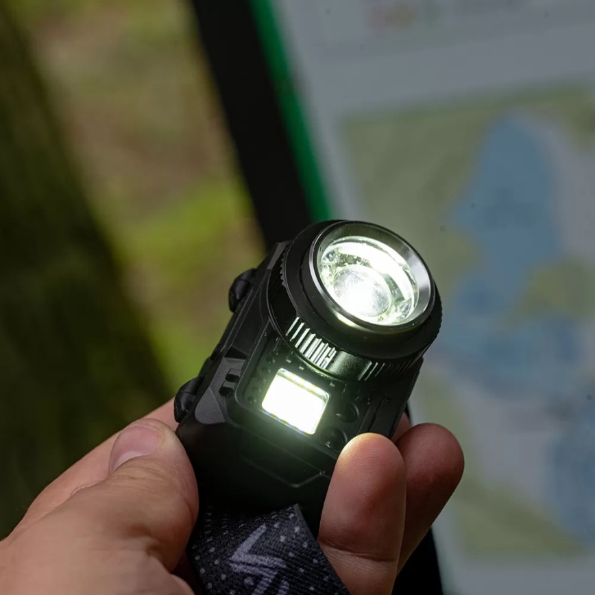 LED Ściemnialna akumulatorowa czołówka z czujnikiem i czerwone światło LED/6W/5V/3xAAA IP44 500 błyszcz. 1200 mAh