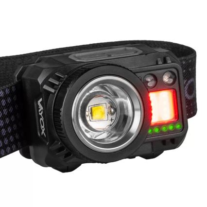 LED Ściemnialna akumulatorowa czołówka z czujnikiem i czerwone światło LED/6W/5V/3xAAA IP44 500 błyszcz. 1200 mAh