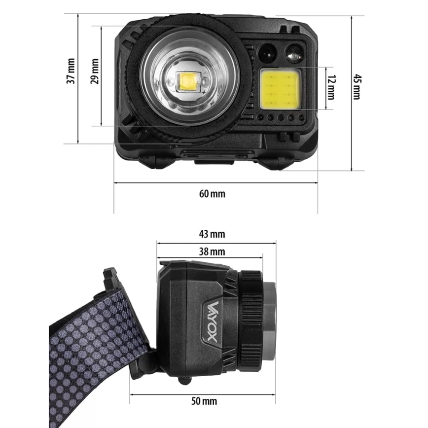 LED Ściemnialna akumulatorowa czołówka z czujnikiem i czerwone światło LED/6W/5V/3xAAA IP44 500 błyszcz. 1200 mAh