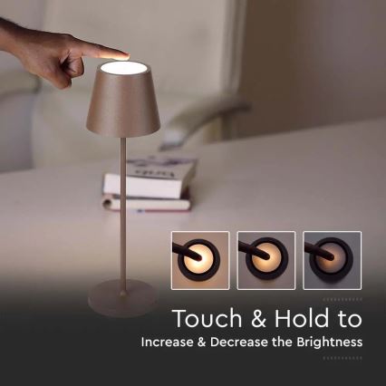 LED Dotykowa ładowalna lampa stołowa ściemnialna LED/2W/5V 4400 mAh 3000K IP54 brązowa