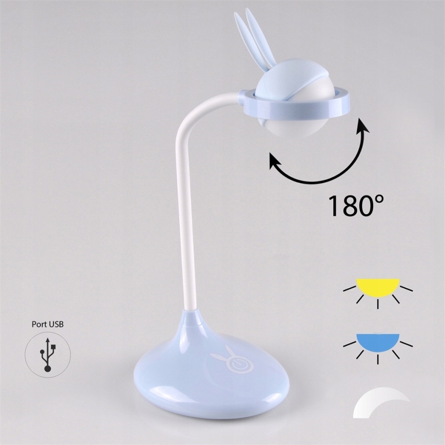 LED Dziecięca lampa dotykowa RABBIT LED/0,4W/5V 3000/6500K niebieska + USB