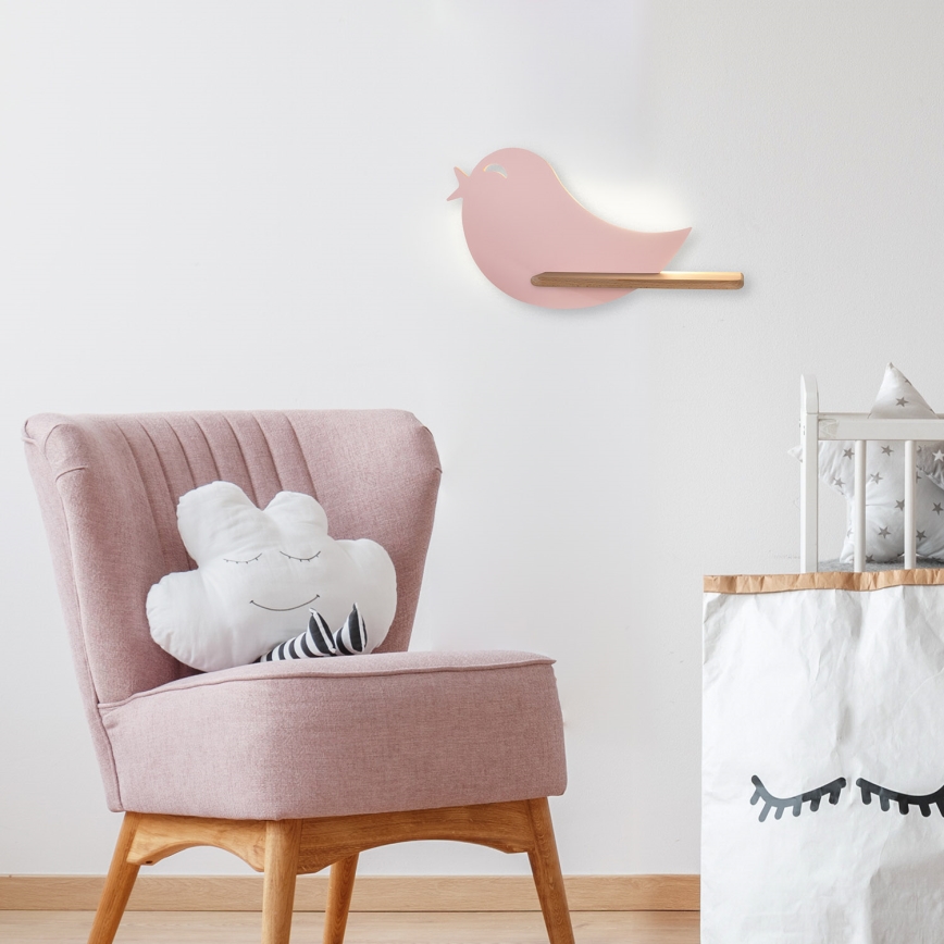 LED Dziecięca lampa ścienna z półką BIRD LED/5W/230V różowa/drewno,