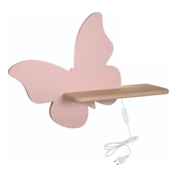 LED Dziecięca lampa ścienna z półką BUTTERFLY LED/5W/230V różowa/drewno,