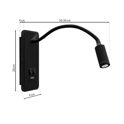 Elastyczna lampka ścienna LED z USB BASE 1xLED/8W+1xLED/2W/230V czarna