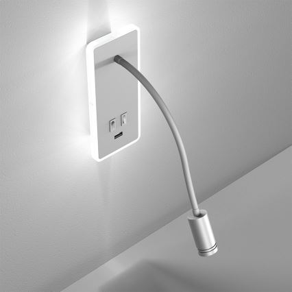 LED Elastyczna lampka ścienna z portem USB BASE LED/8W+LED/2W/230V biała