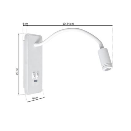LED Elastyczna lampka ścienna z portem USB BASE LED/8W+LED/2W/230V biała