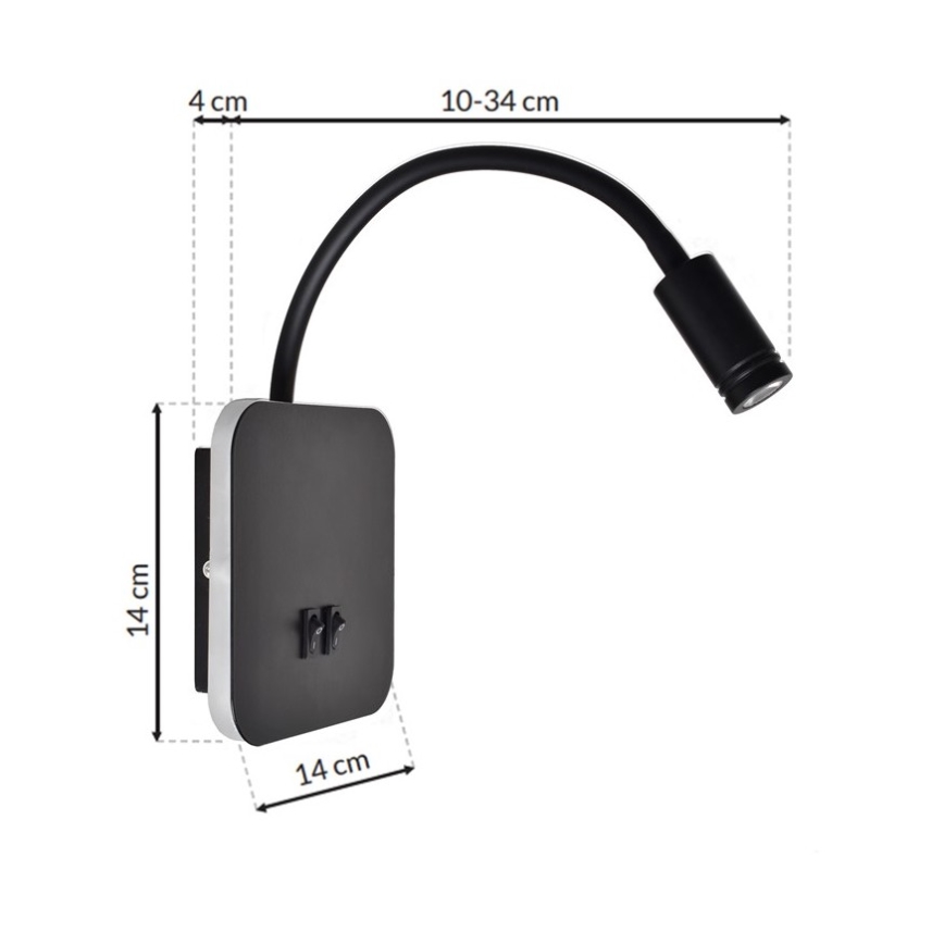 LED Elastyczny mały kinkiet BASE 1xLED/8W+1xLED/2W/230V czarny/srebrny